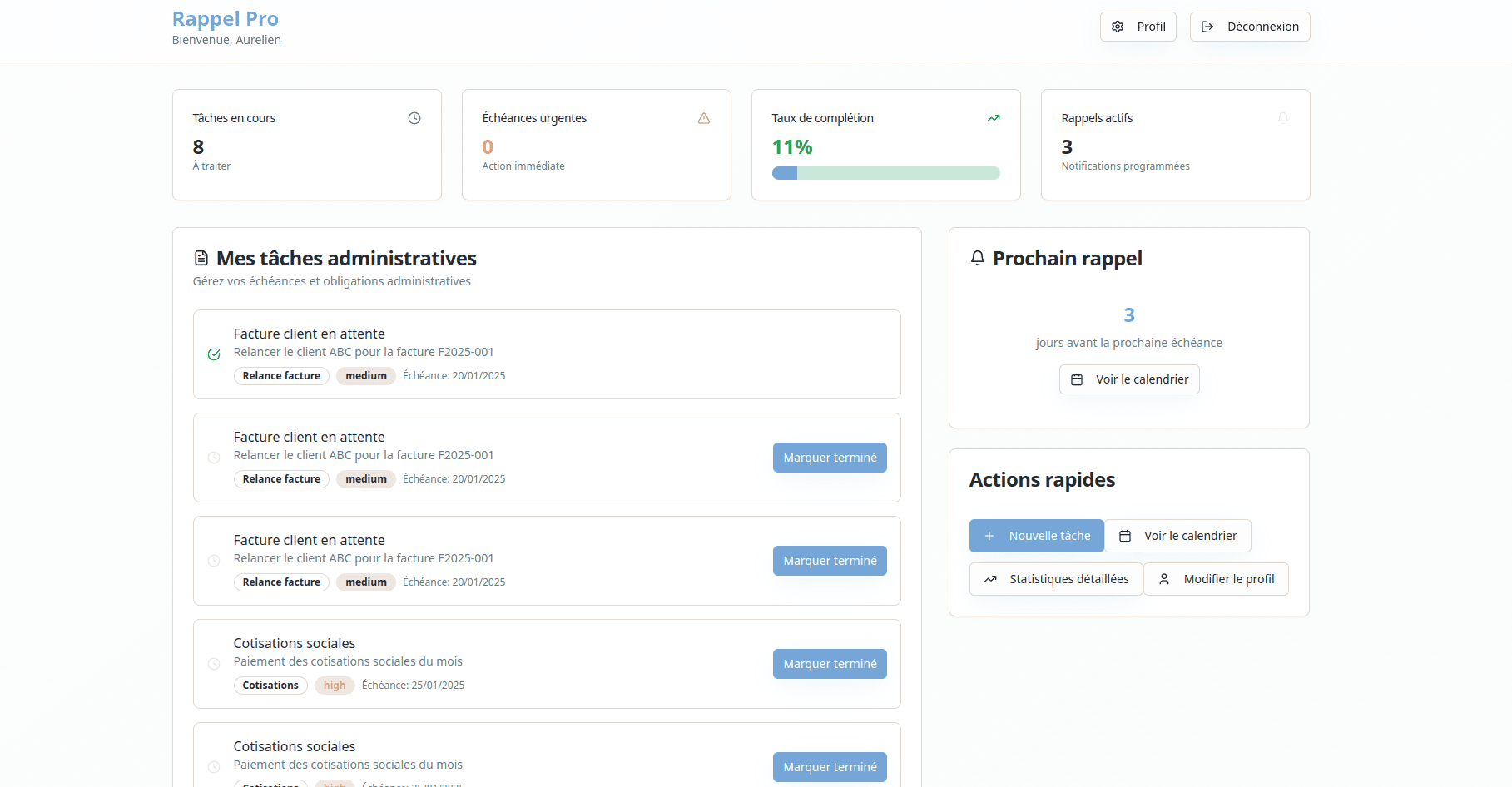 Aperçu de Rappel Pro